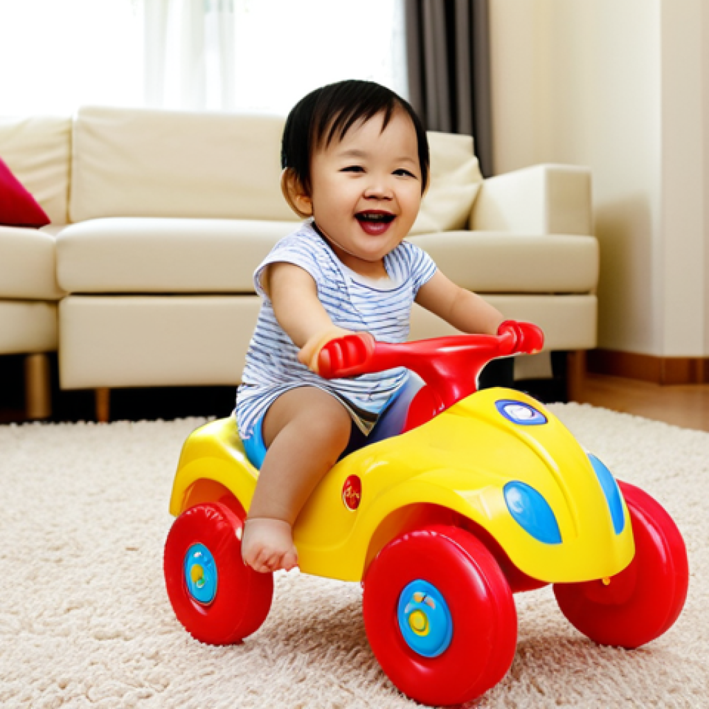 Toddler on Ride-On Toy**

*   **Prompt:** A happy toddler using a ride-on toy in a bright, cheerful home environment. Focus on the child's developing motor skills and the joy of movement. Toy car in living room, thai child, learning to walk, motion blur.

**
