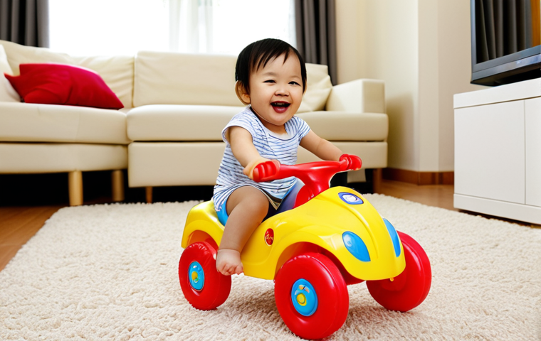 Toddler on Ride-On Toy**

*   **Prompt:** A happy toddler using a ride-on toy in a bright, cheerful home environment. Focus on the child's developing motor skills and the joy of movement. Toy car in living room, thai child, learning to walk, motion blur.

**